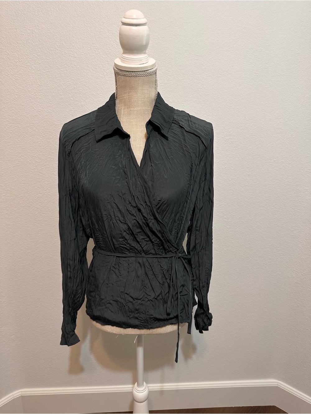 Current Air Green Crinkle Wrap Blouse with Tie